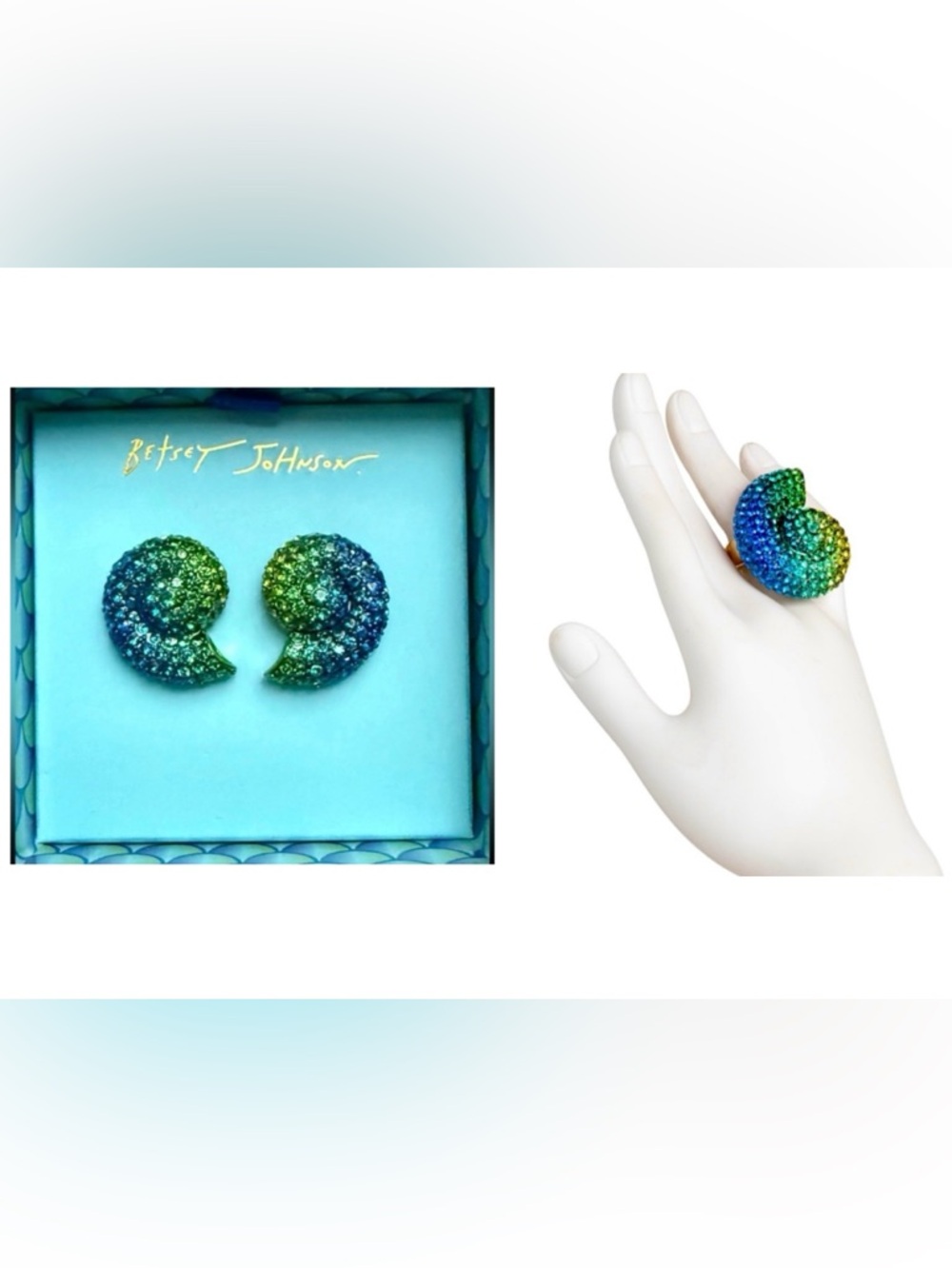 BETSEY JOHNSON SET Mermaid Jewel Sea Life Shell Ring & Earrings Crystals NEW NWT